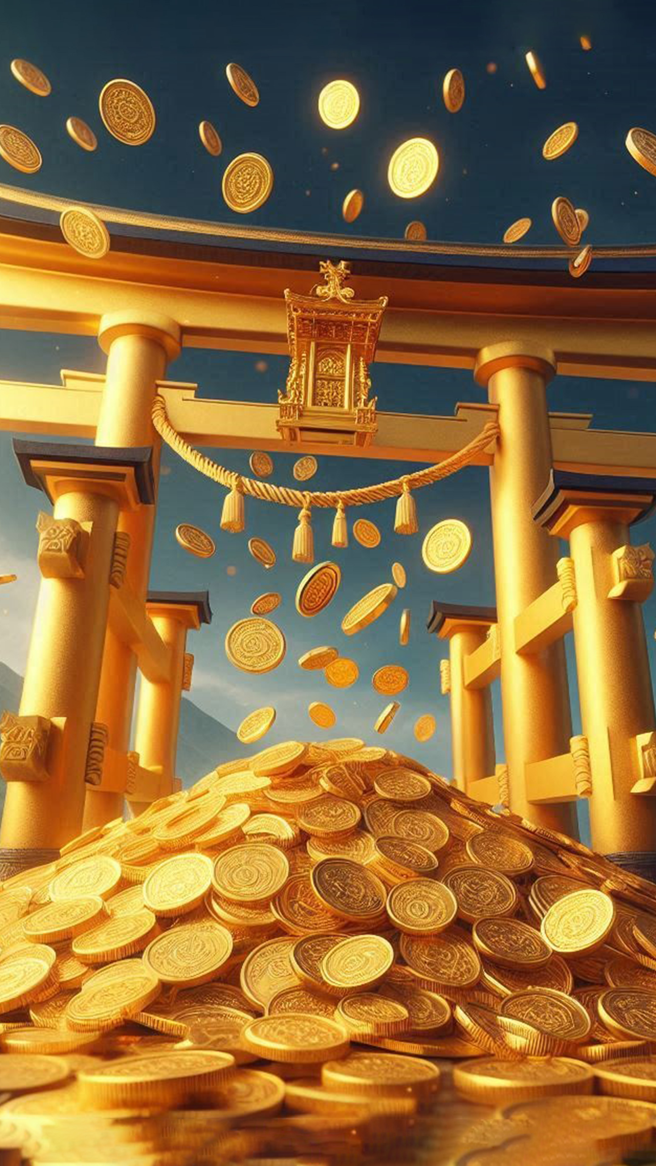 金の鳥居から金貨が舞う 最強金運アップ待ち受け画像、宝くじ高額当選！？ 大金神社